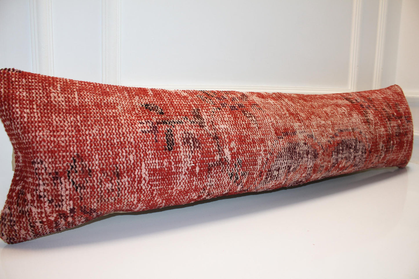 Vintage Turkish Kilim Bench Pillow, Burnt Terracotta Lumbar Cushion, Boho Anatolian Cover
