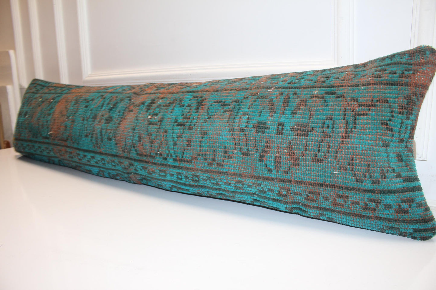 Turkish Rug Bench Pillow 12x48, Turquoise Kilim Lumbar Cushion Boho Entryway Bench Decor