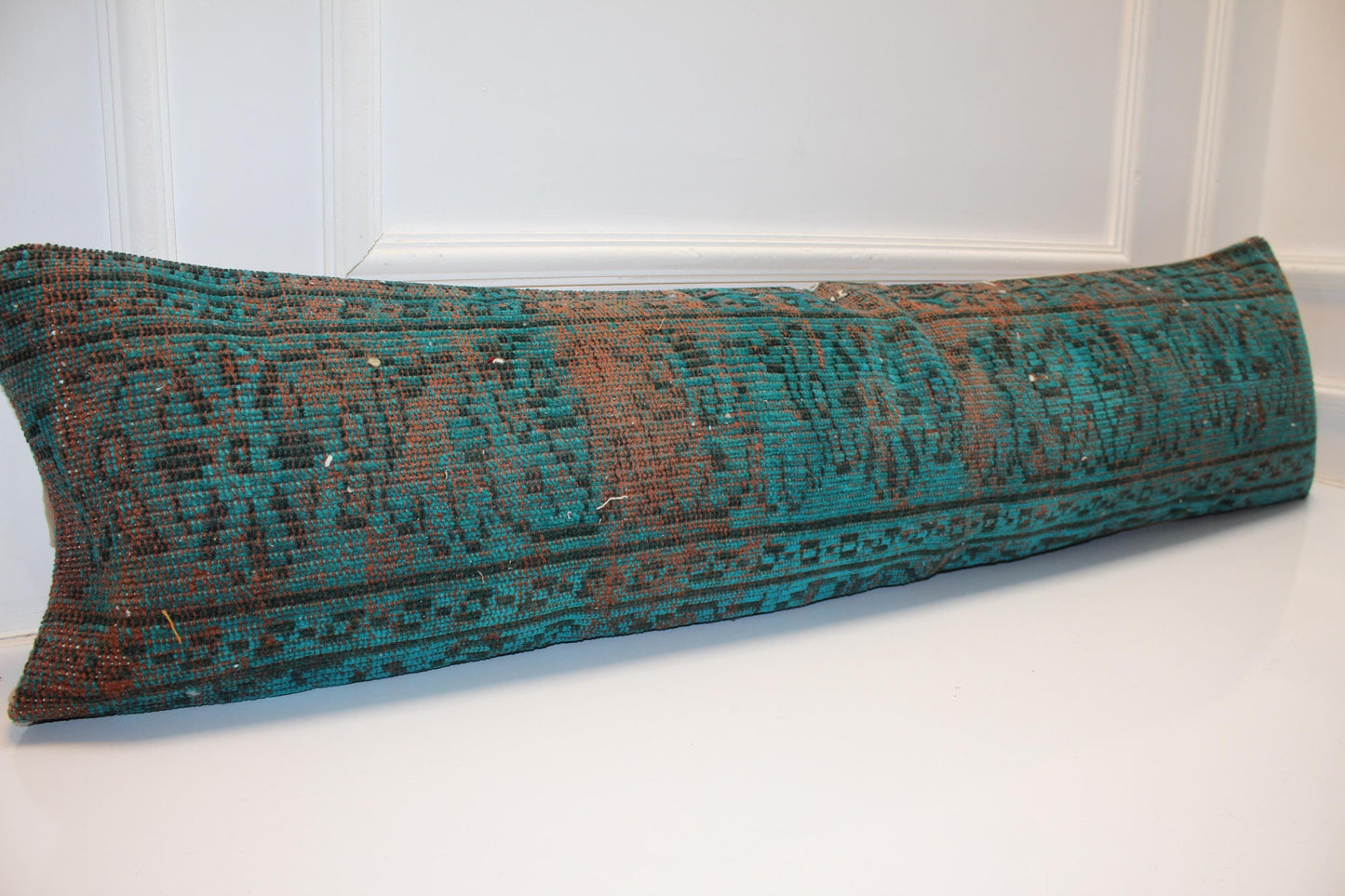 Turkish Rug Bench Pillow 12x48, Turquoise Kilim Lumbar Cushion Boho Entryway Bench Decor