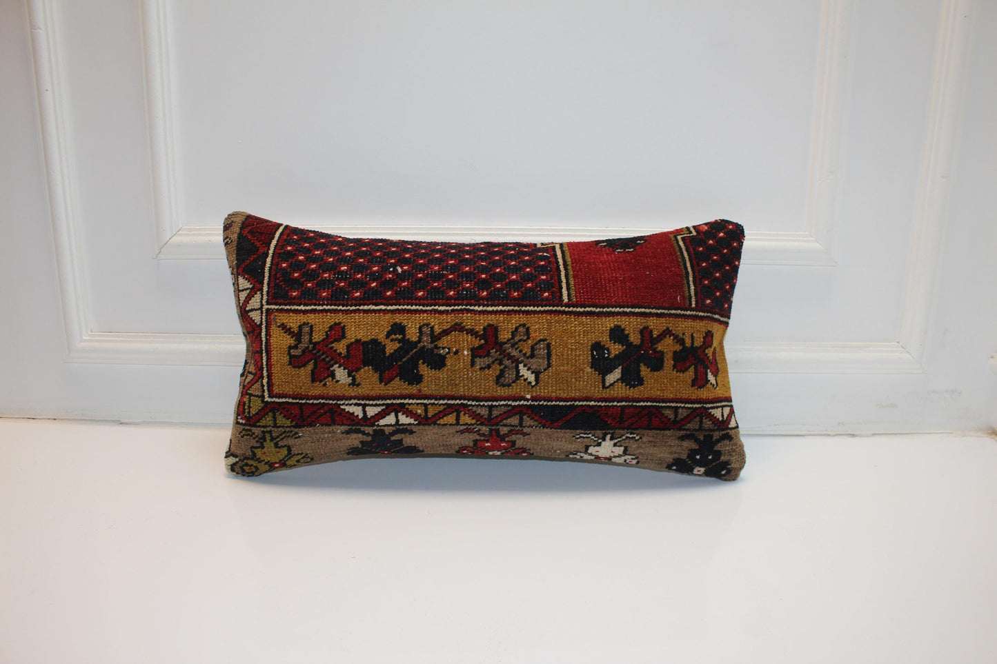 Handmade Kilim Pillow Cover: Red Beige Tribal Boho Cushion (12x24 inch)