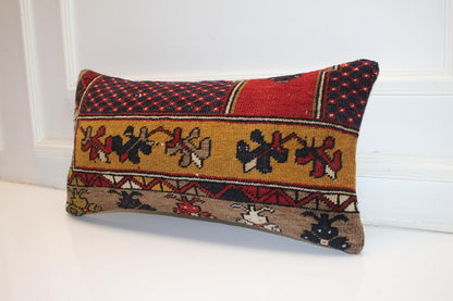 Handmade Kilim Pillow Cover: Red Beige Tribal Boho Cushion (12x24 inch)