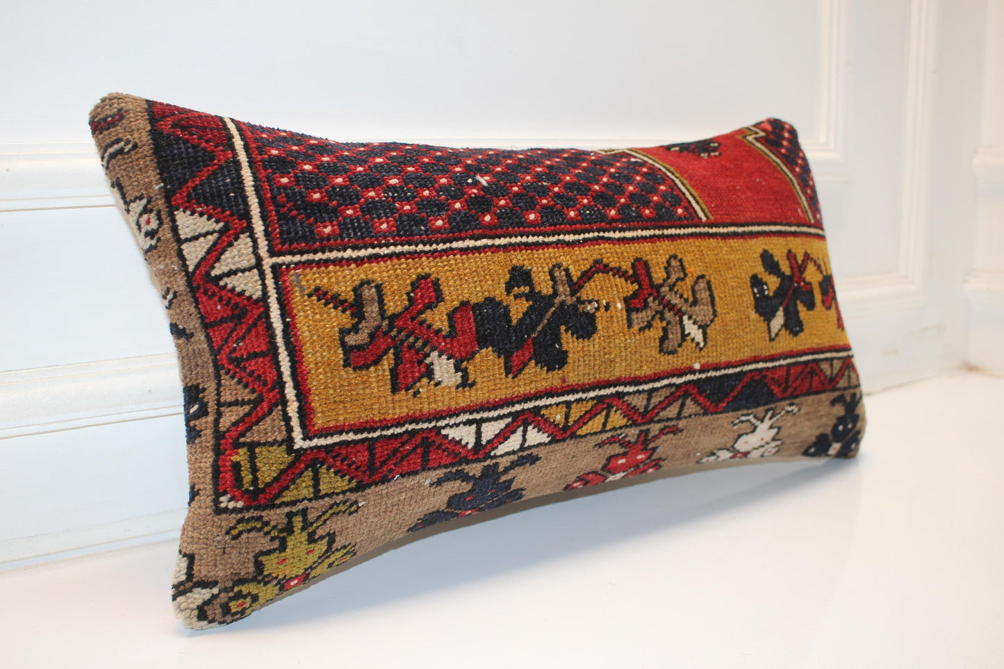 Handmade Kilim Pillow Cover: Red Beige Tribal Boho Cushion (12x24 inch)