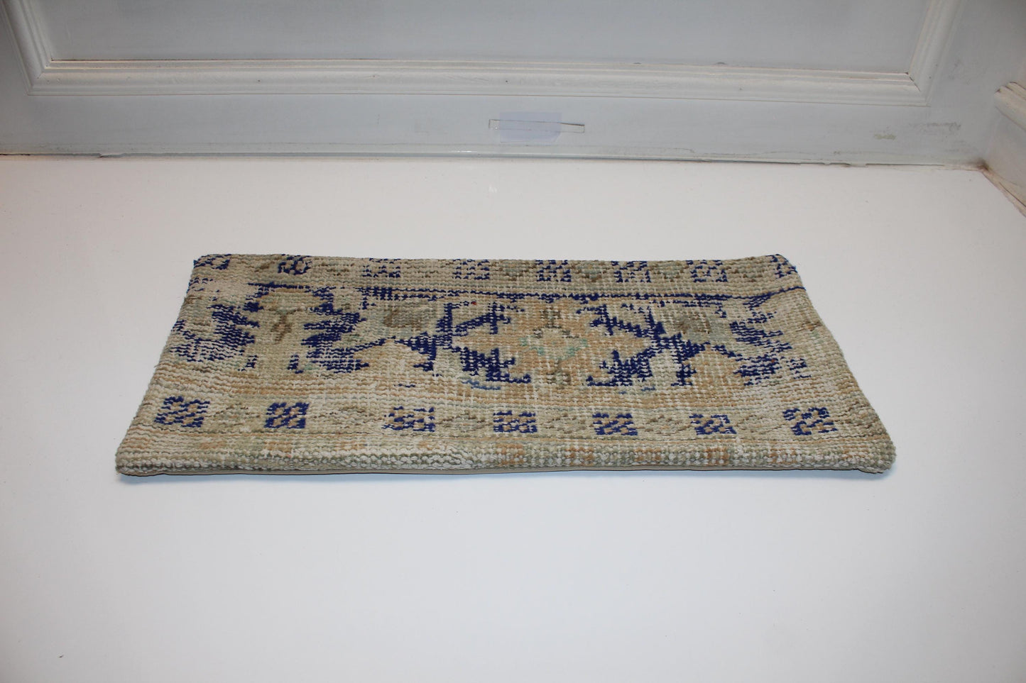 Handmade Kilim Pillow Cover: Blue Beige Tribal Rug Cushion (12x24 inch)