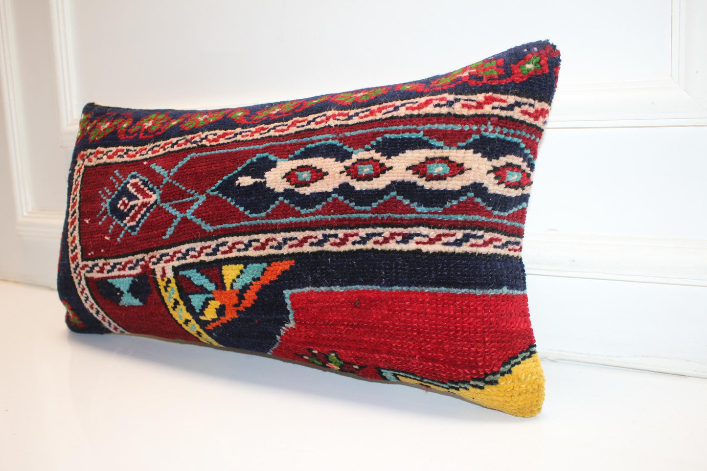 Handmade Kilim Pillow Cover 12x24 Deep Red Navy Boho Tribal Wool Cushion