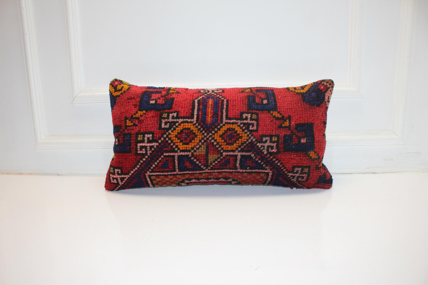 Handmade Kilim Pillow Cover: Vibrant Red Geometric Tribal Boho Cushion (12x24)