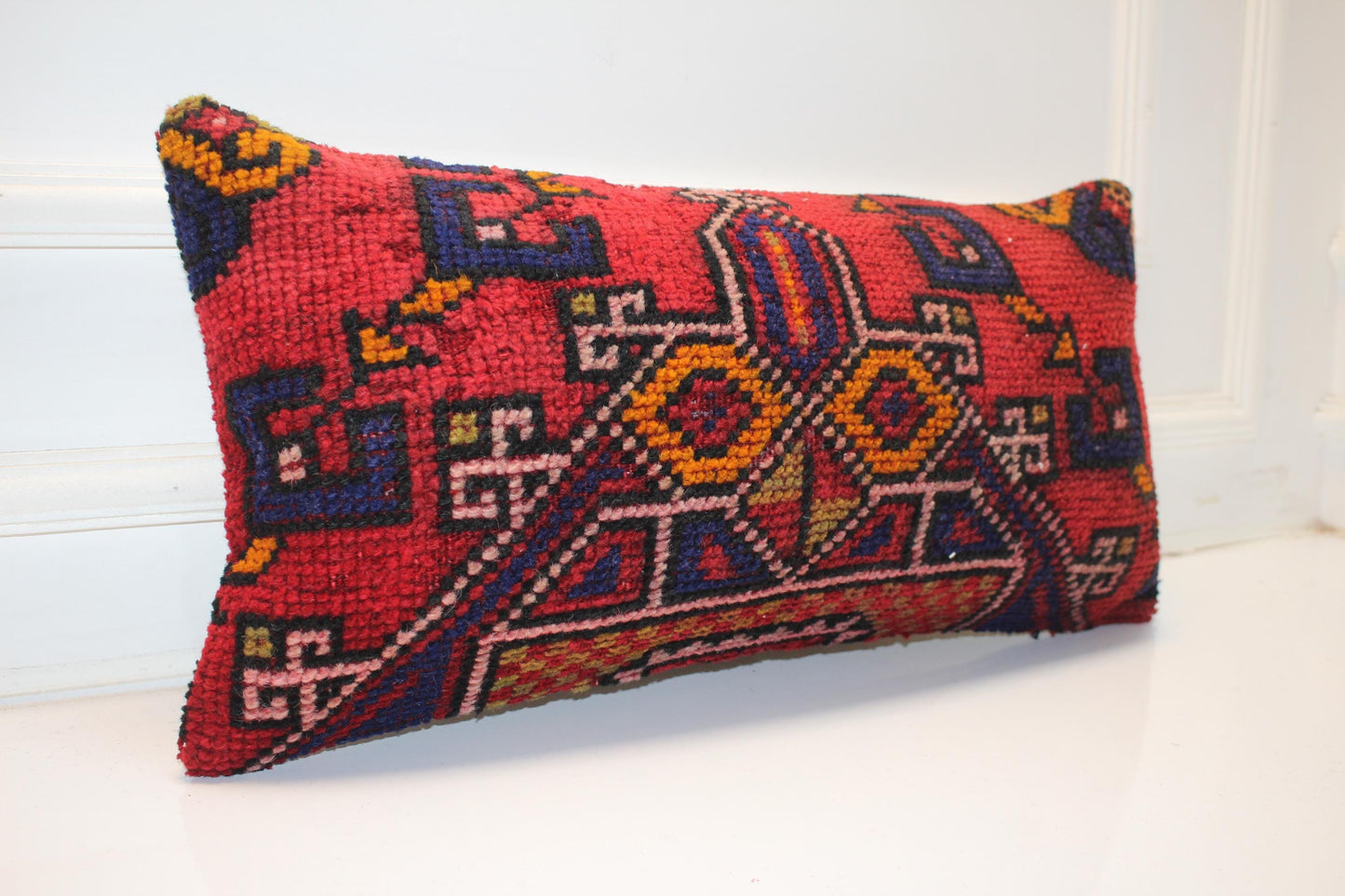 Handmade Kilim Pillow Cover: Vibrant Red Geometric Tribal Boho Cushion (12x24)