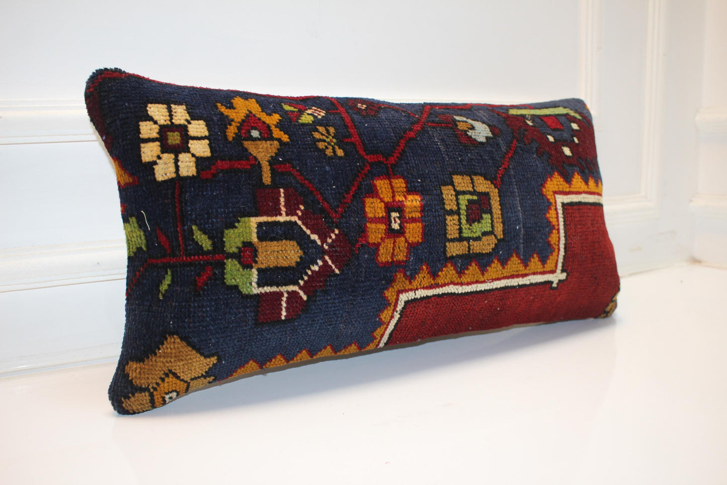 Heritage Navy Kilim Lumbar Pillow 12x24 Rich Boho Cushion Cover Vintage Tribal Statement Accent