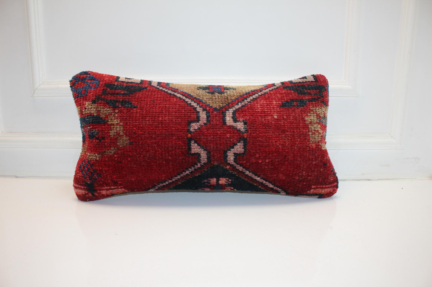 Handmade Kilim Pillow Cover 12x24 Rich Red Tribal Boho Cushion Upcycled Rug Accent