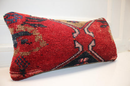 Handmade Kilim Pillow Cover 12x24 Rich Red Tribal Boho Cushion Upcycled Rug Accent