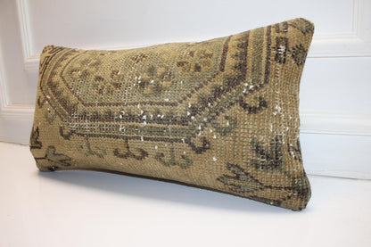 Washed Antique Kilim Lumbar Pillow 12x24 Earthy Beige Boho Cushion Cover Vintage Tribal Accent