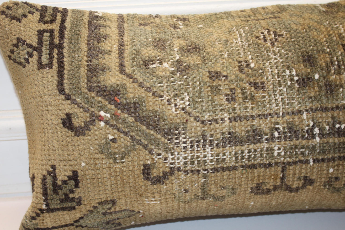 Washed Antique Kilim Lumbar Pillow 12x24 Earthy Beige Boho Cushion Cover Vintage Tribal Accent