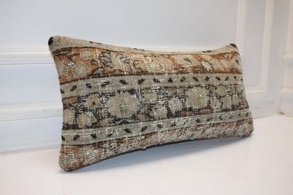 Distressed Vintage Kilim Lumbar Pillow 12x24 Neutral Beige Boho Cushion Cover Antique Tribal Accent