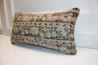 Distressed Vintage Kilim Lumbar Pillow 12x24 Neutral Beige Boho Cushion Cover Antique Tribal Accent