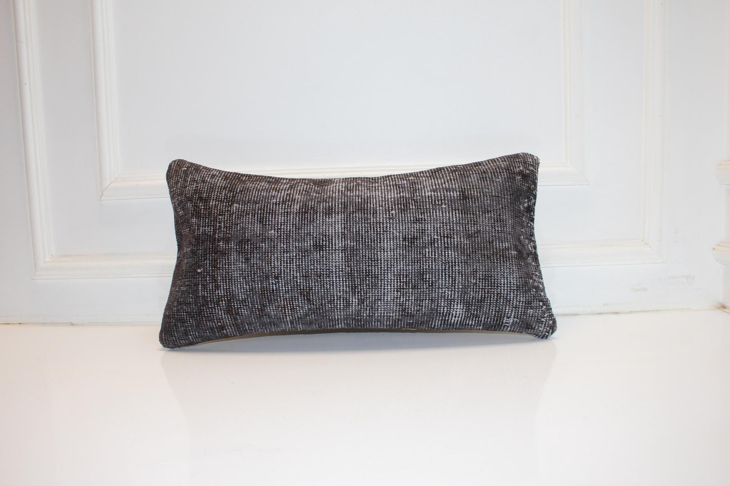 Charcoal Vintage Kilim Lumbar Pillow 12x24 Minimalist Neutral Cushion Cover Dark Boho Accent