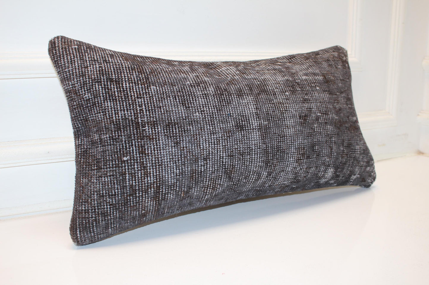 Charcoal Vintage Kilim Lumbar Pillow 12x24 Minimalist Neutral Cushion Cover Dark Boho Accent