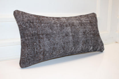 Charcoal Vintage Kilim Lumbar Pillow 12x24 Minimalist Neutral Cushion Cover Dark Boho Accent