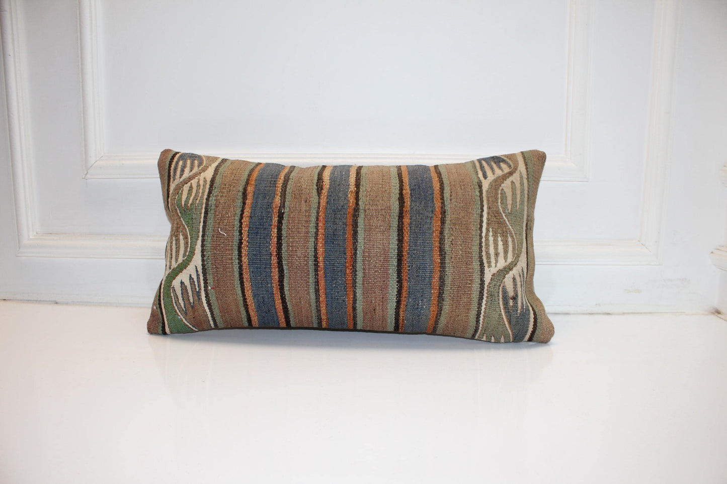 Earthy Striped Kilim Lumbar Pillow 12x24 Neutral Boho Cushion Cover Rustic Vintage Woven Accent