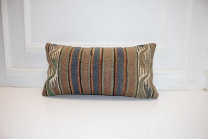 Earthy Striped Kilim Lumbar Pillow 12x24 Neutral Boho Cushion Cover Rustic Vintage Woven Accent