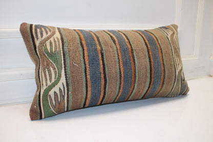 Earthy Striped Kilim Lumbar Pillow 12x24 Neutral Boho Cushion Cover Rustic Vintage Woven Accent