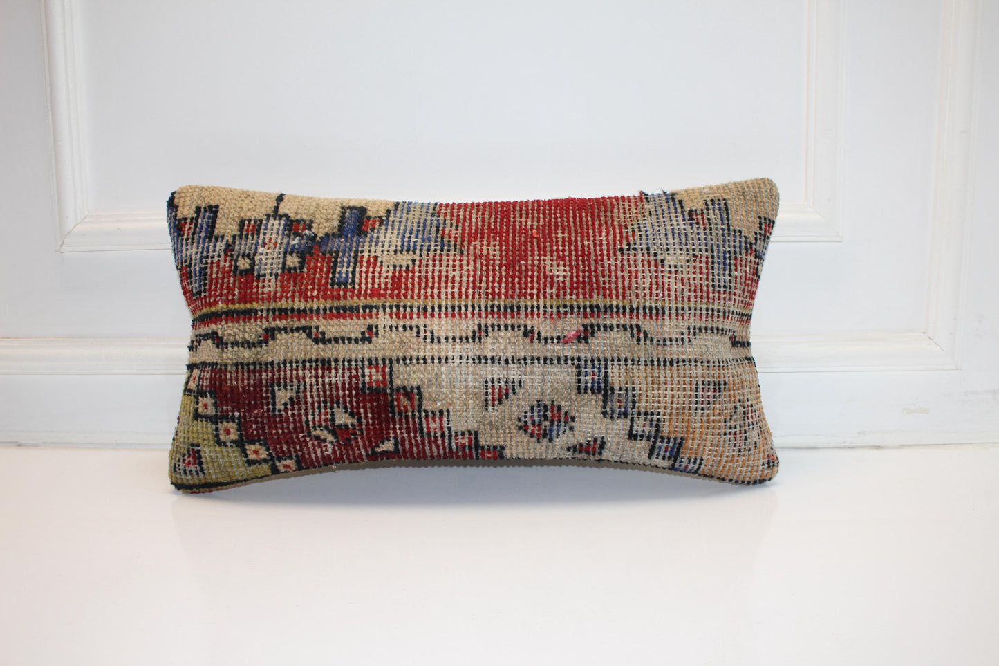 Faded Anatolian Kilim Lumbar Pillow 12x24 Vintage Boho Cushion Cover Neutral Rustic Tribal Accent