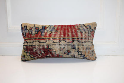 Faded Anatolian Kilim Lumbar Pillow 12x24 Vintage Boho Cushion Cover Neutral Rustic Tribal Accent