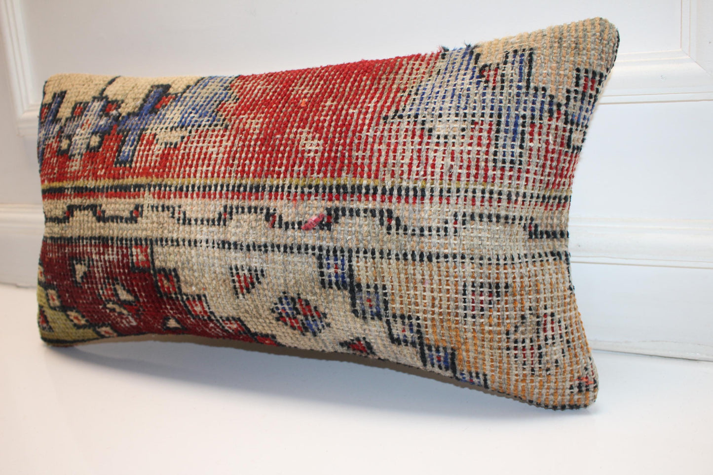 Faded Anatolian Kilim Lumbar Pillow 12x24 Vintage Boho Cushion Cover Neutral Rustic Tribal Accent