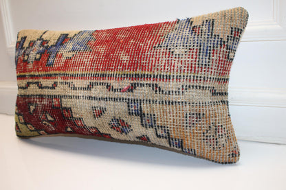 Faded Anatolian Kilim Lumbar Pillow 12x24 Vintage Boho Cushion Cover Neutral Rustic Tribal Accent