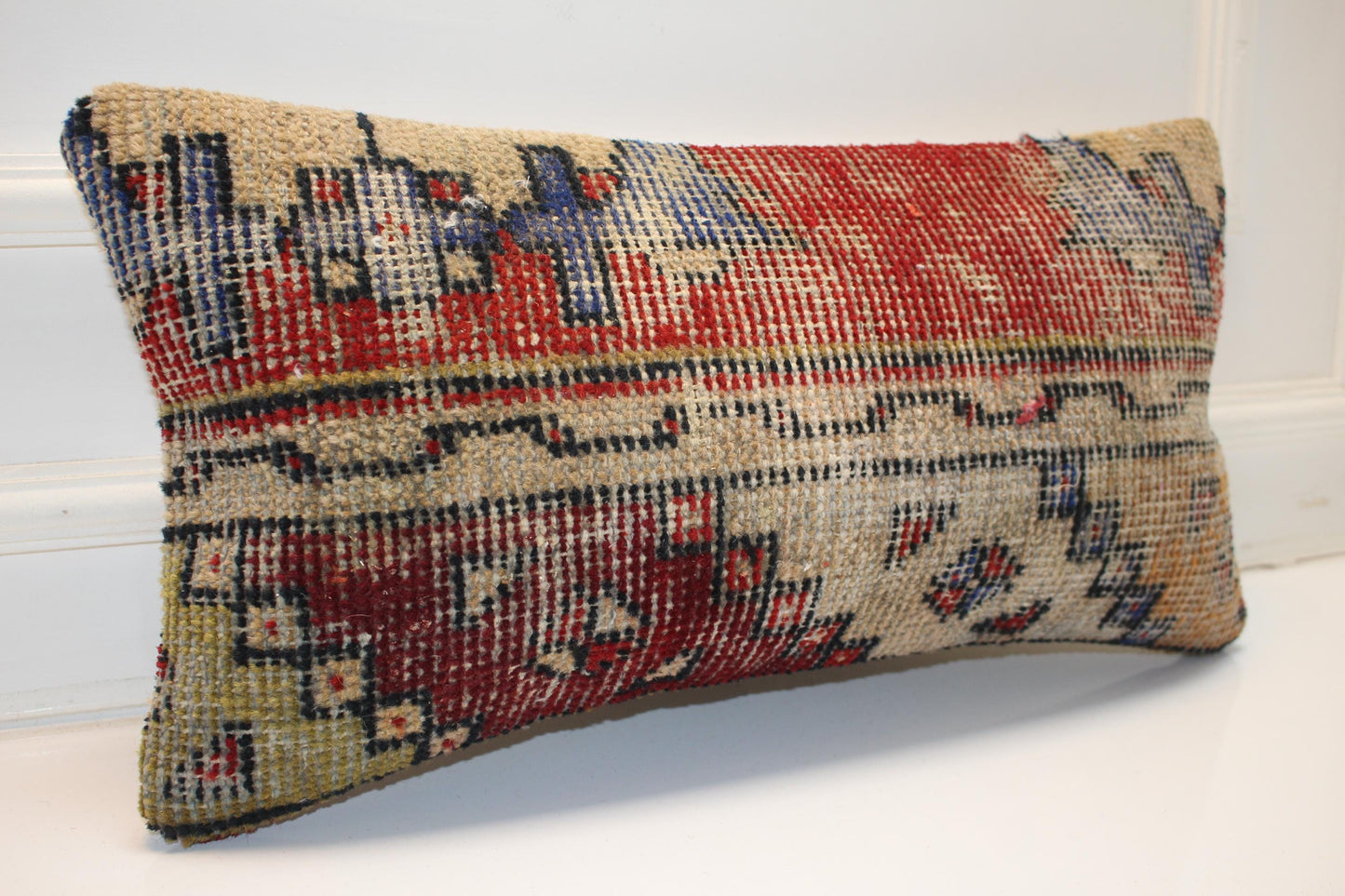 Faded Anatolian Kilim Lumbar Pillow 12x24 Vintage Boho Cushion Cover Neutral Rustic Tribal Accent