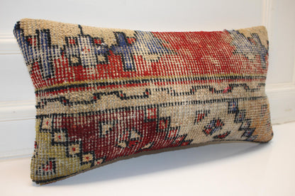 Faded Anatolian Kilim Lumbar Pillow 12x24 Vintage Boho Cushion Cover Neutral Rustic Tribal Accent