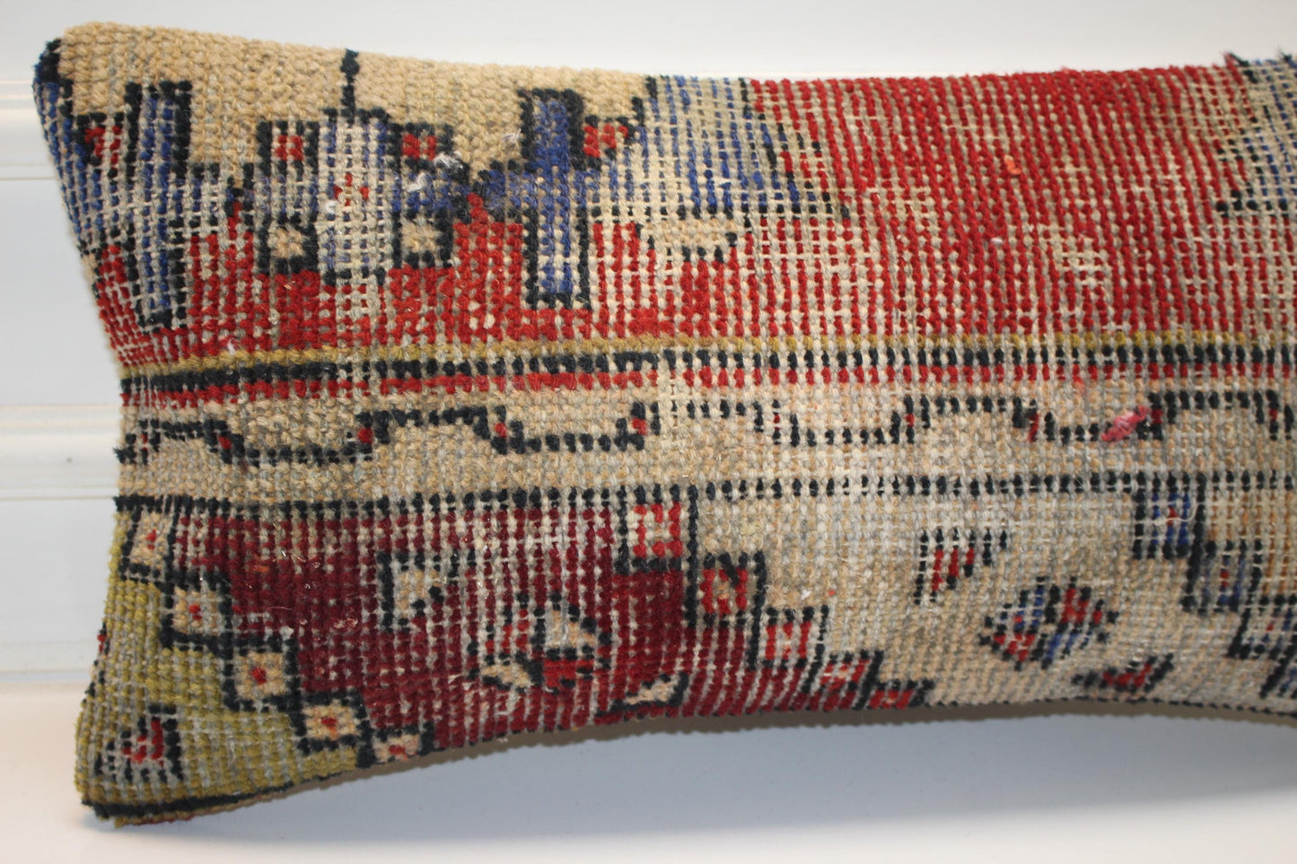 Faded Anatolian Kilim Lumbar Pillow 12x24 Vintage Boho Cushion Cover Neutral Rustic Tribal Accent