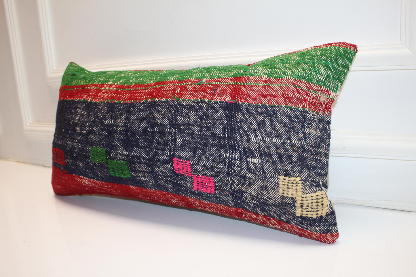Handmade Kilim Pillow Cover 12x24: Upcycled Wool Boho Cushion Navy Red Green Tribal Accent