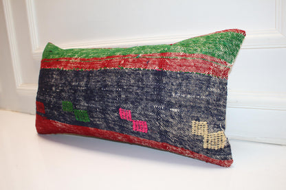 Handmade Kilim Pillow Cover 12x24: Upcycled Wool Boho Cushion Navy Red Green Tribal Accent