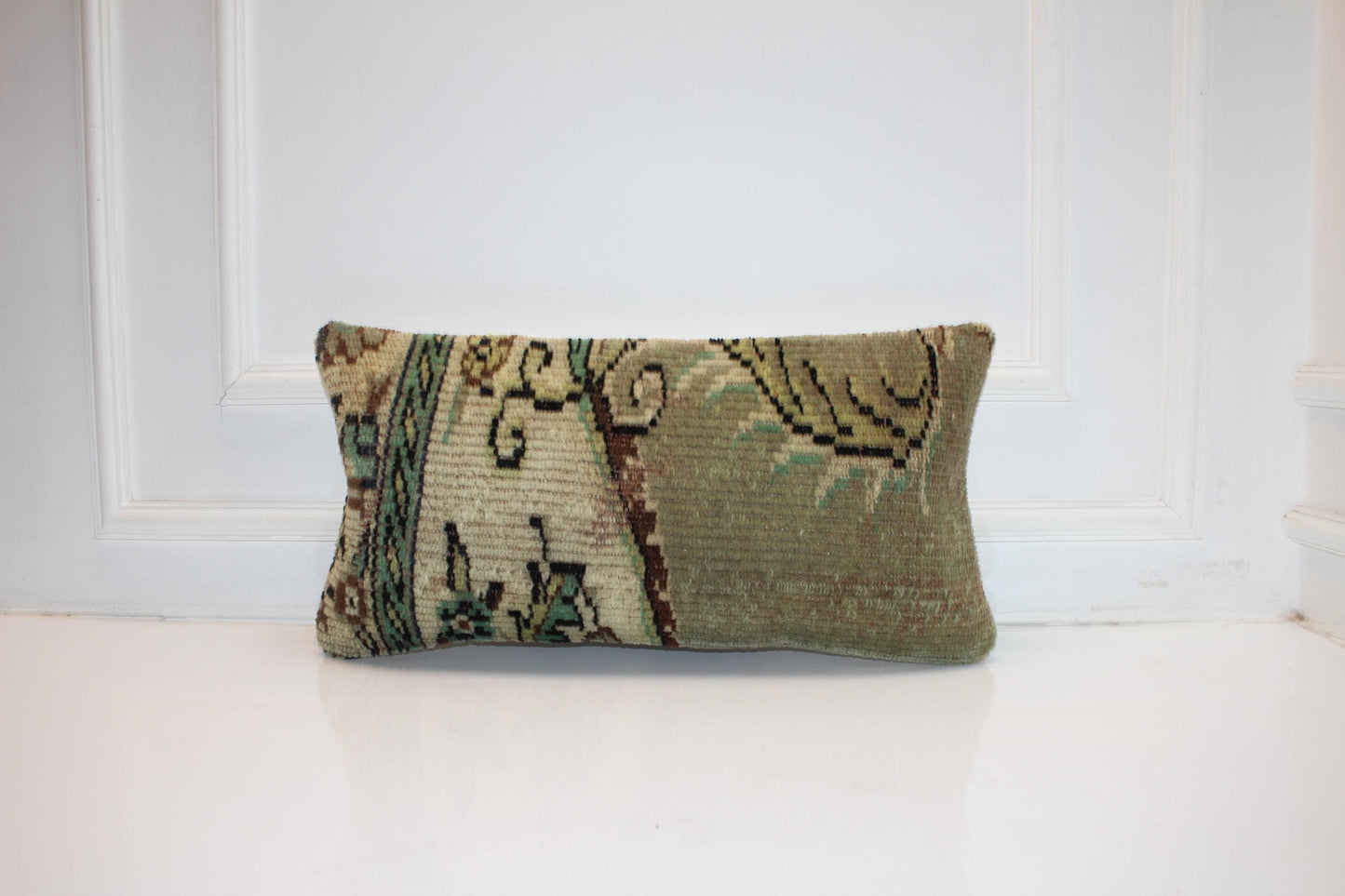 Vintage Turkish Rug Lumbar Pillow Cover 12x24 Sage Green Olive Kilim Cushion