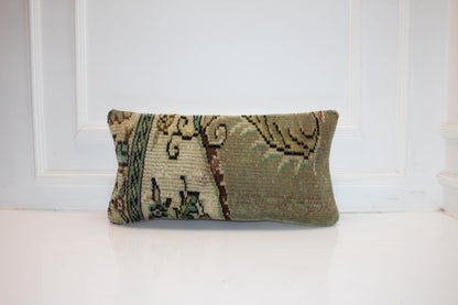 Vintage Turkish Rug Lumbar Pillow Cover 12x24 Sage Green Olive Kilim Cushion