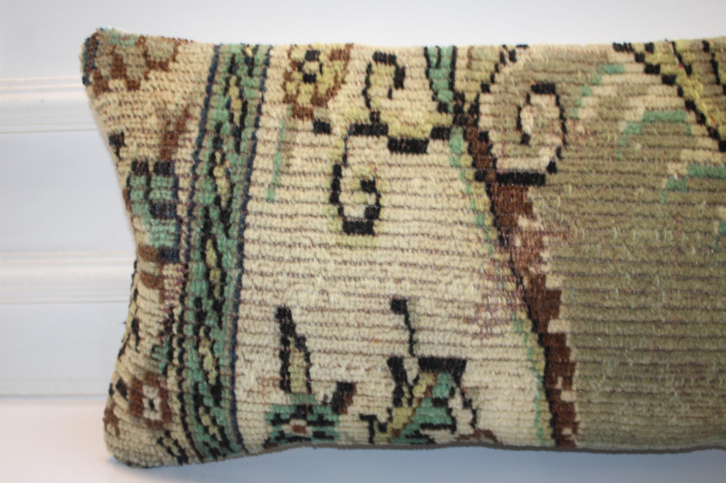 Vintage Turkish Rug Lumbar Pillow Cover 12x24 Sage Green Olive Kilim Cushion