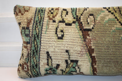 Vintage Turkish Rug Lumbar Pillow Cover 12x24 Sage Green Olive Kilim Cushion