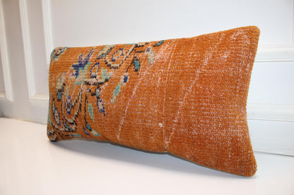 Anatolian Ember Kilim Lumbar Pillow 12x24 Rustic Burnt Orange Bench Cushion