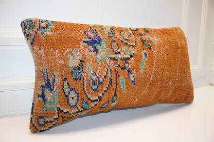 Anatolian Ember Kilim Lumbar Pillow 12x24 Rustic Burnt Orange Bench Cushion