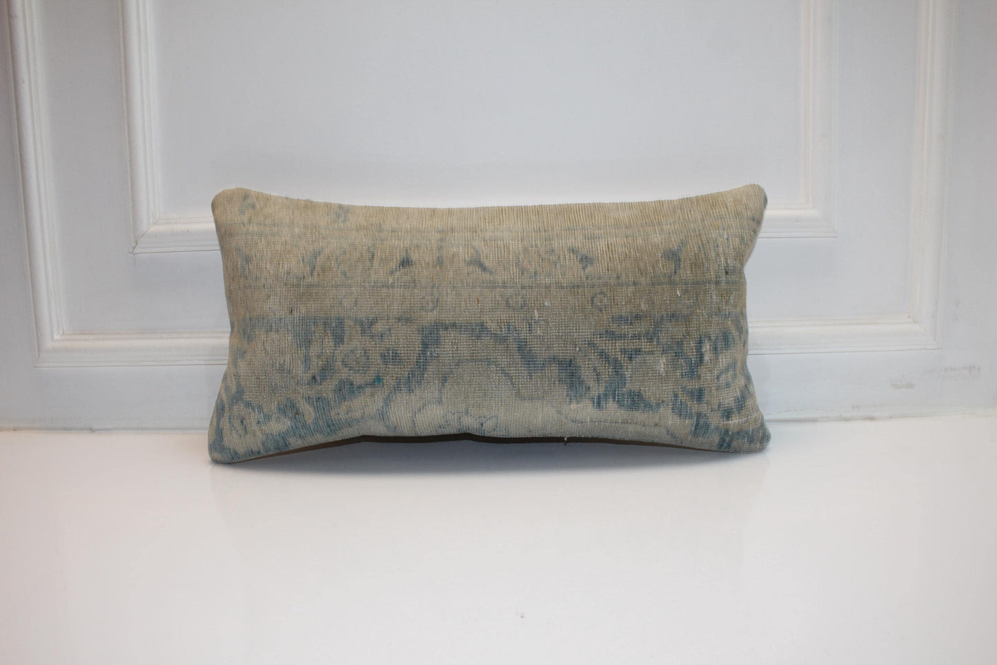 Washed Aqua Anatolian Textile Lumbar Pillow 12x24 Muted Blue Sand Bench Cushion