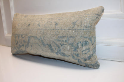 Washed Aqua Anatolian Textile Lumbar Pillow 12x24 Muted Blue Sand Bench Cushion
