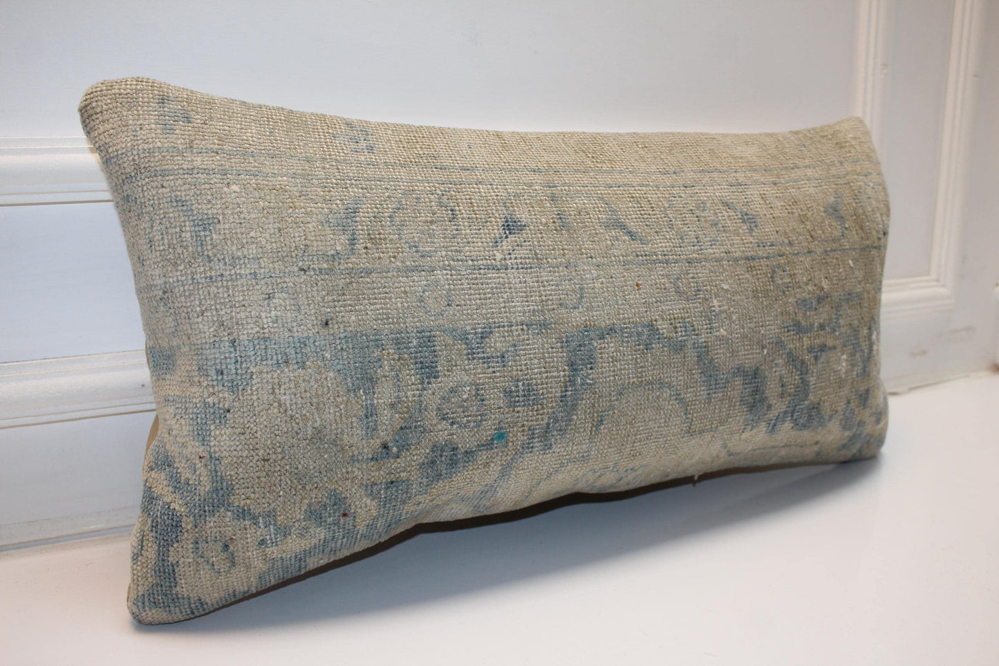 Washed Aqua Anatolian Textile Lumbar Pillow 12x24 Muted Blue Sand Bench Cushion