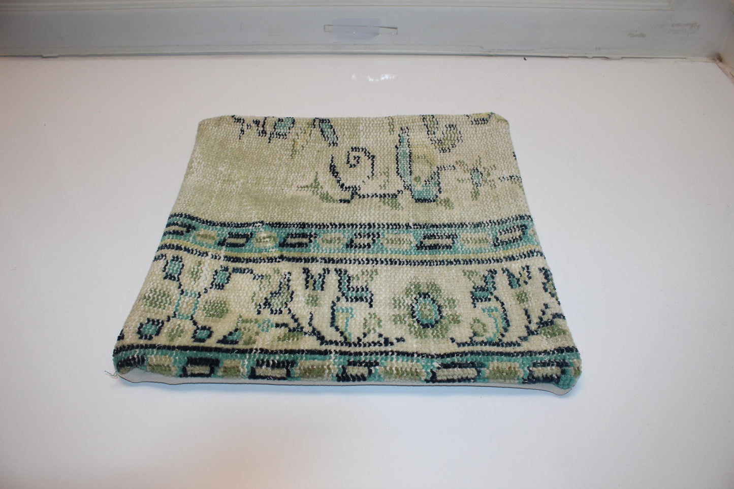 Soft Jade & Cream Woven Textile Pillow 16x16 Subtle Tribal Accent Mint Green Heritage Cushion