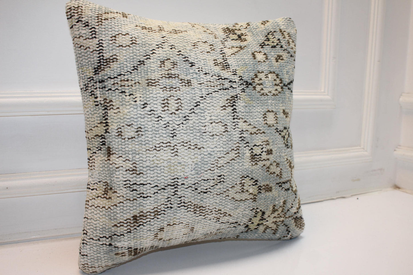 Icy Blue & Stone Heritage Textile Pillow 16x16 Subtle Geometric Woven Accent Refined Neutral Cushion