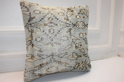 Icy Blue & Stone Heritage Textile Pillow 16x16 Subtle Geometric Woven Accent Refined Neutral Cushion