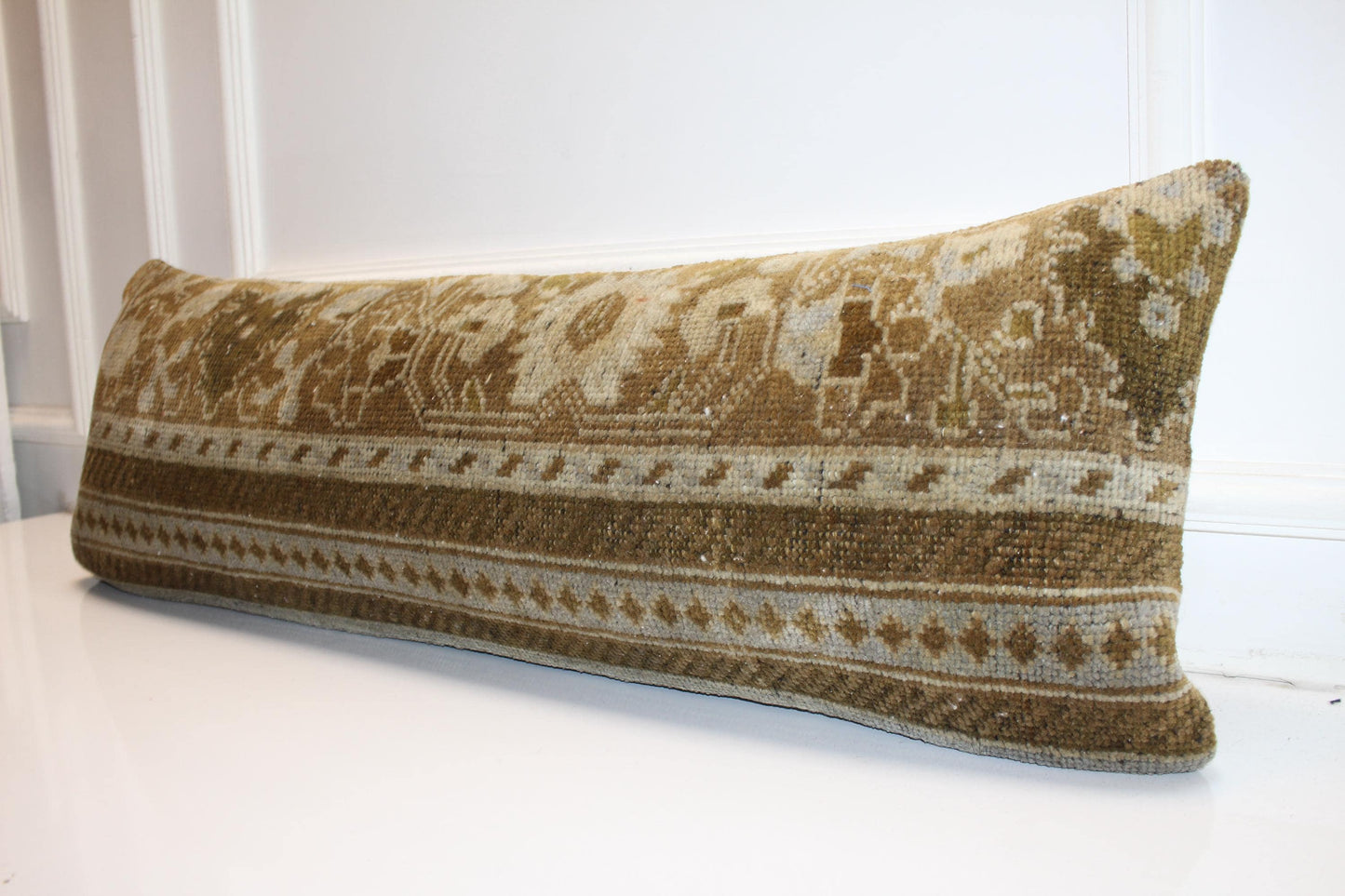 Earth Banded Heritage Textile Lumbar Pillow 12x36 Mocha & Sand Woven Accent Long Bench Cushion