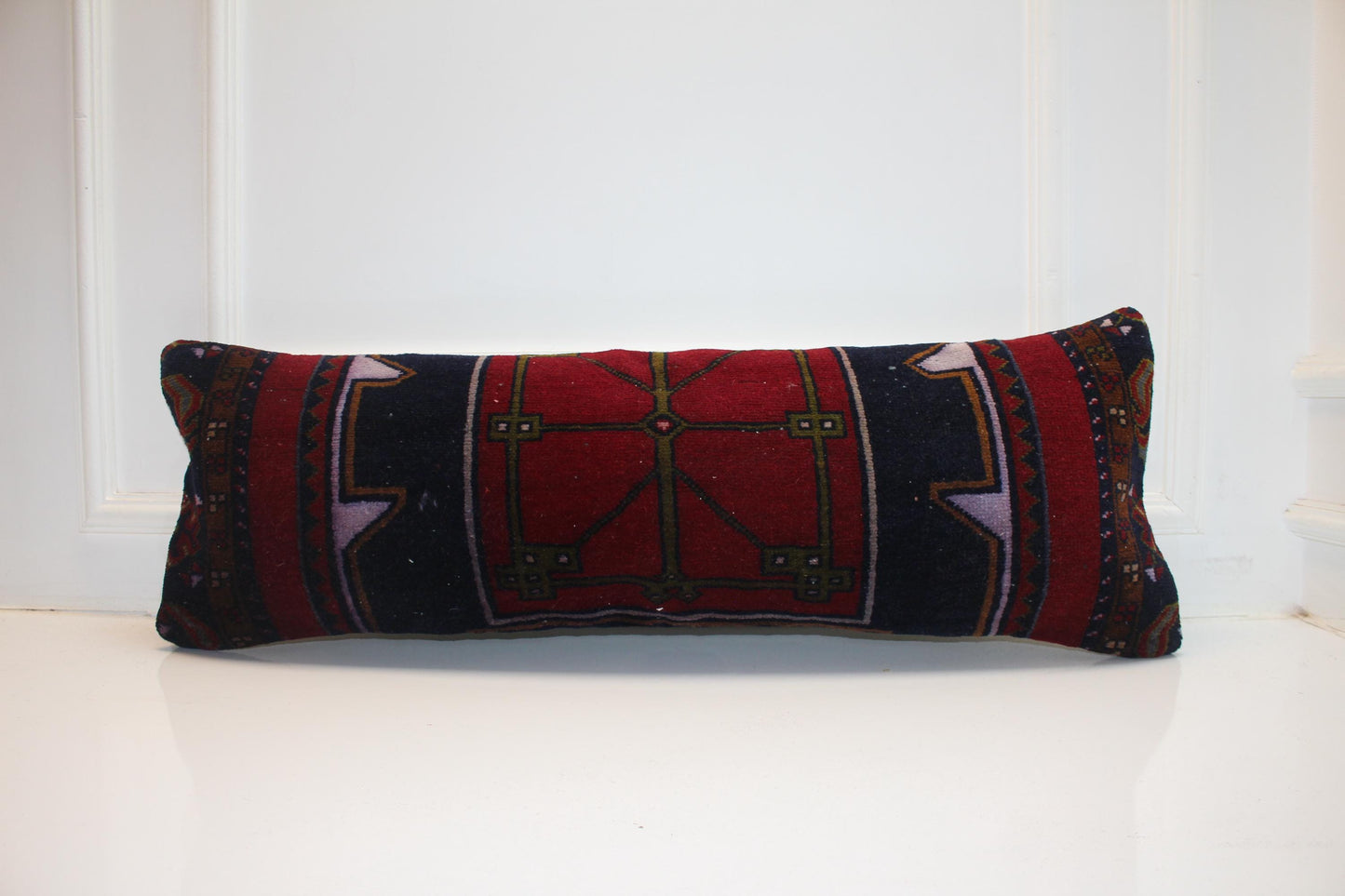 Crimson & Midnight Tribal Textile Lumbar Pillow 12x36 Graphic Woven Statement Long Bench Cushion