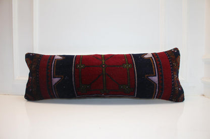 Crimson & Midnight Tribal Textile Lumbar Pillow 12x36 Graphic Woven Statement Long Bench Cushion