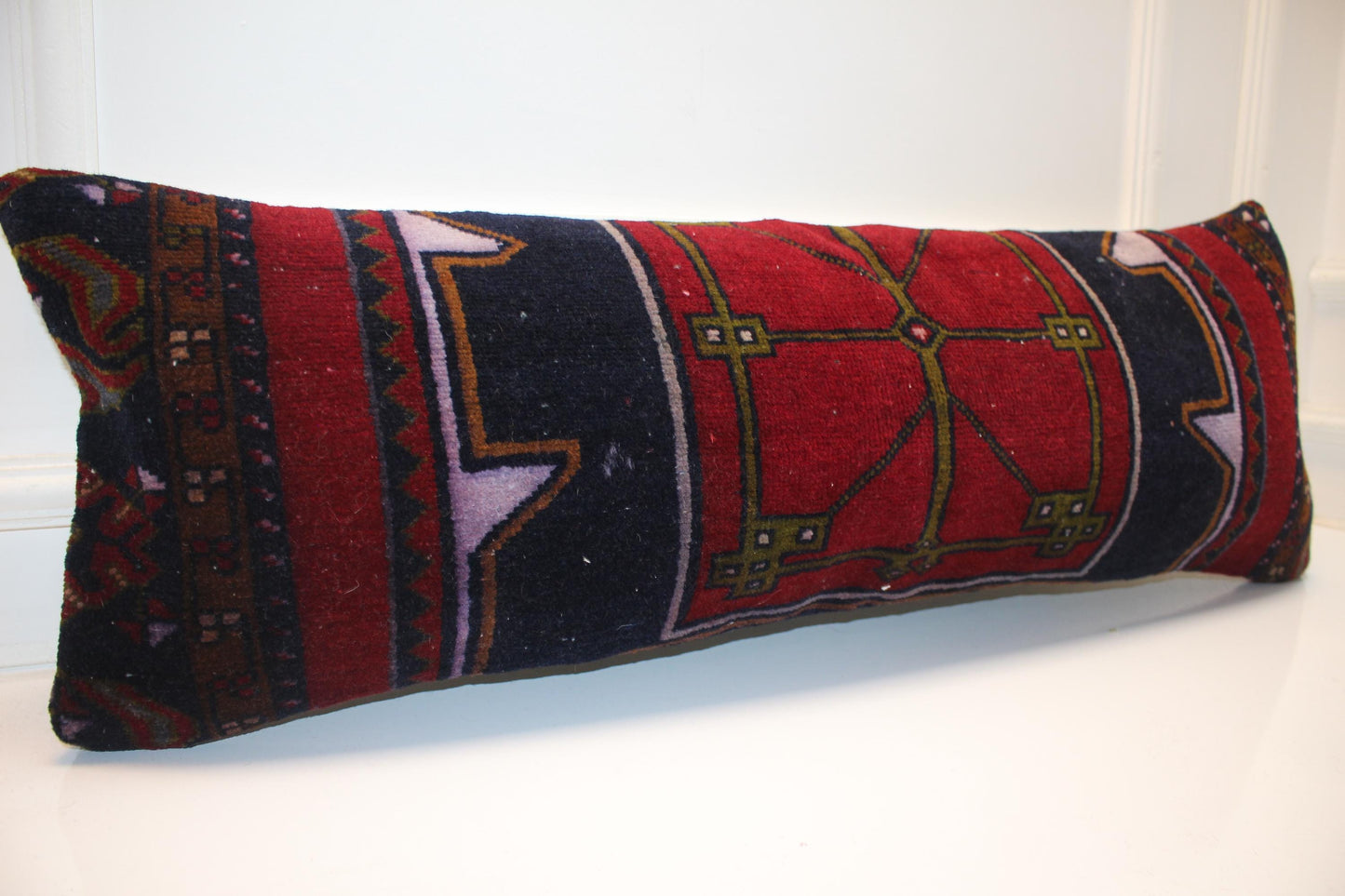 Crimson & Midnight Tribal Textile Lumbar Pillow 12x36 Graphic Woven Statement Long Bench Cushion