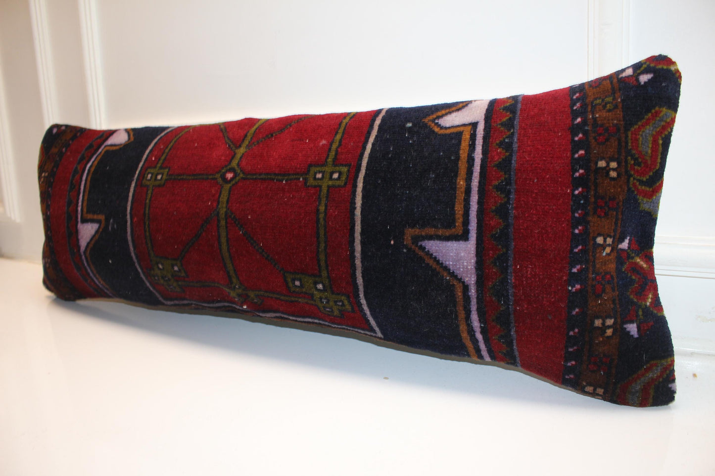 Crimson & Midnight Tribal Textile Lumbar Pillow 12x36 Graphic Woven Statement Long Bench Cushion