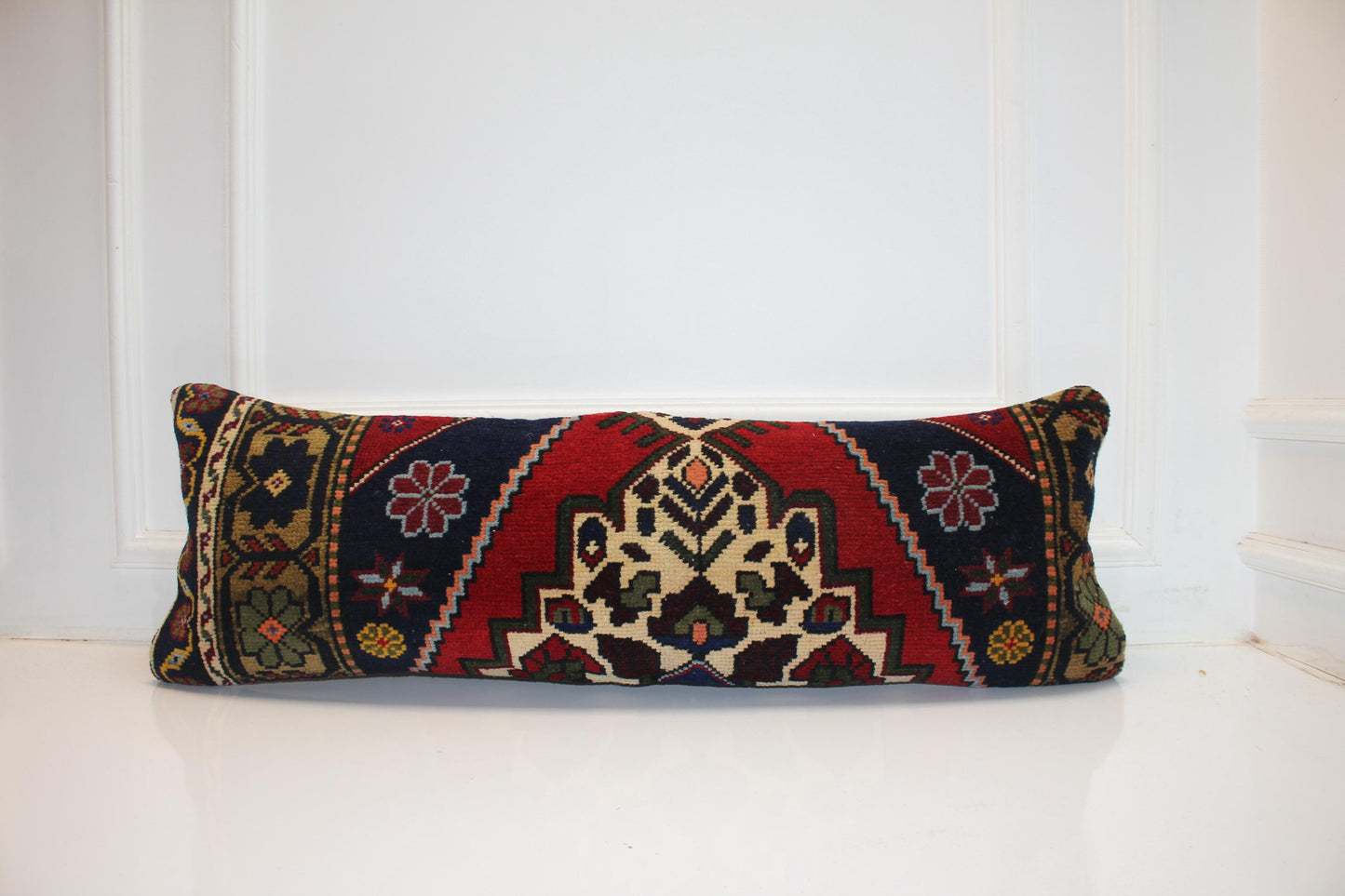 Royal Crimson & Midnight Nomad Textile Lumbar Pillow 12x36 Graphic Heritage Woven Long Bench Cushion